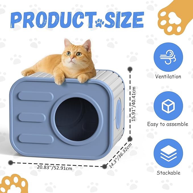 Insulated Outdoor Cat House Weatherproof, Plastic Feral Cat Houses for Outdoor Indoor Cats with Camera-Shaped, Stackable Outside Cat House Shelter for Several Cats, Easy to Assemble, Blue