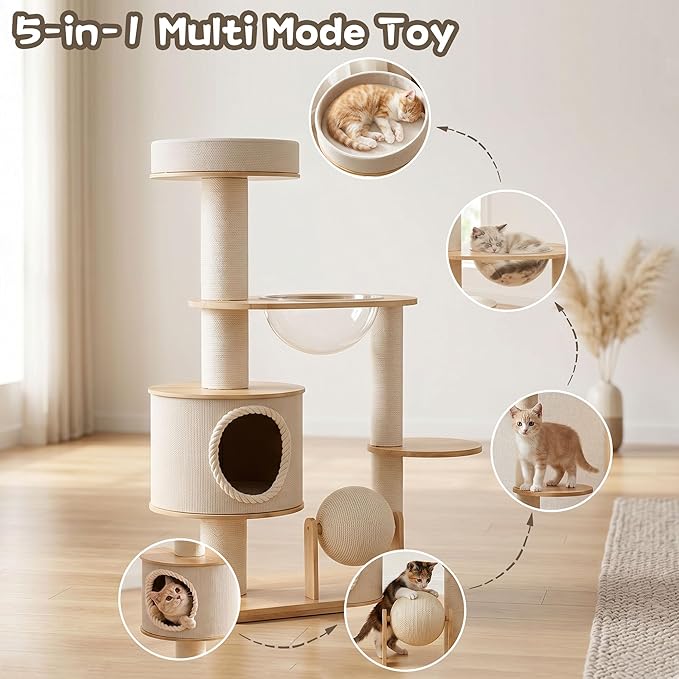 45IN Wooden Cat Tree for Large Indoor Cats, Multi-Level Cat Tower with Wide Base, Rubberwood Cat Condo, Space Capsule Bed, Scratching Posts, Reversible Mats & Modern Cat Furniture