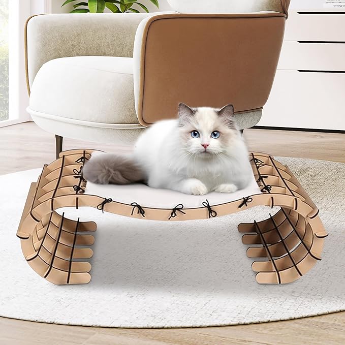 Plush Elevated Cat Bed with Removable Cushion - Solid Wood Arch Frame, Soft Washable Furry Hammock for Indoor Cats, Kittens & Small Dogs - Raised Pet Bed(Cat Furniture, Large/Small Cat Bed)