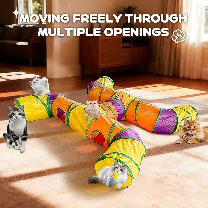 Cat Tunnels for Indoor Cats, Cat Tunnel with Plush Ball, Kitten Tunnel Collapsible, Cat Play Tunnel with Interactive Peephole for Large Cat, Puppy, Kitten (Colorful-4 Way)