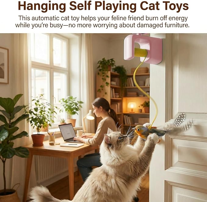 Interactive Cat Toys for Indoor Cats, Automatic Cat Hanging Toys for Bored Adult Cats, Cat Toys Realistic Bird with Catnip and Feather Chase Exercise Door Frame Cat Self Play Toys Pink