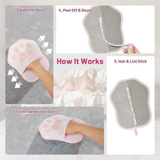 Paw-Shaped Pet Hair Removal Glove – Electrostatic Cat & Dog Hair Remover for Furniture, Clothes, Carpet & Car Seats – Cute Reusable Multi-Surface Lint & Fur Removal Tool (Pink)