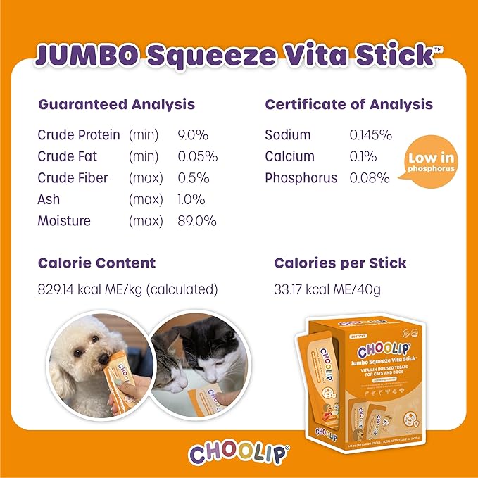 Choolip Squeeze Vita Stick Lickable Cat and Dog Treats – 20-Pack of 40g – Real Fish Puree with Multivitamins & Postbiotics – Hydrating, Gut & Immune Support – Large Breeds & Multi-Pet Homes