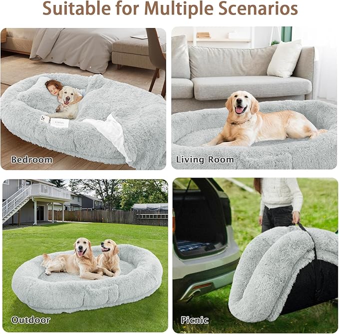 ROOMTEC Human Dog Bed, 71''x45''x12'' Size Fits Adult and Pet Washable Giant People Bed 10 CM Thick Memory Foam Large Oversize Pet Bed with Plump Pillow, Blanket, Strap - Grey