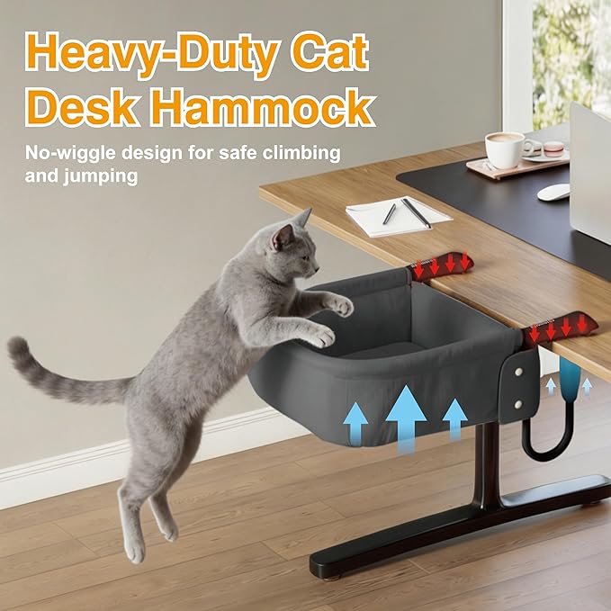 Cat Desk Bed for Large Cats 50 lbs Heavy Duty Cat Bed for Desk Attachment with Paw Design Extra-Sturdy Dog Chair Dual-Sided Mat Waterproof Easy Assembly for Gaming Desk Kitchen Island Gray