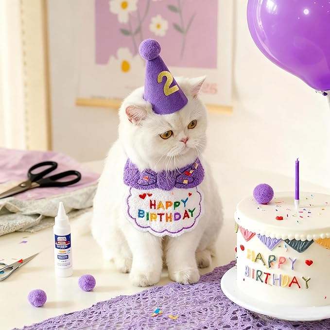 Reusable Cat Birthday Decorations Set - Adjustable Cat Birthday Hat & Bandana with Age Numbers | Kitty Celebration Kit for Memorable Milestones（Purple）