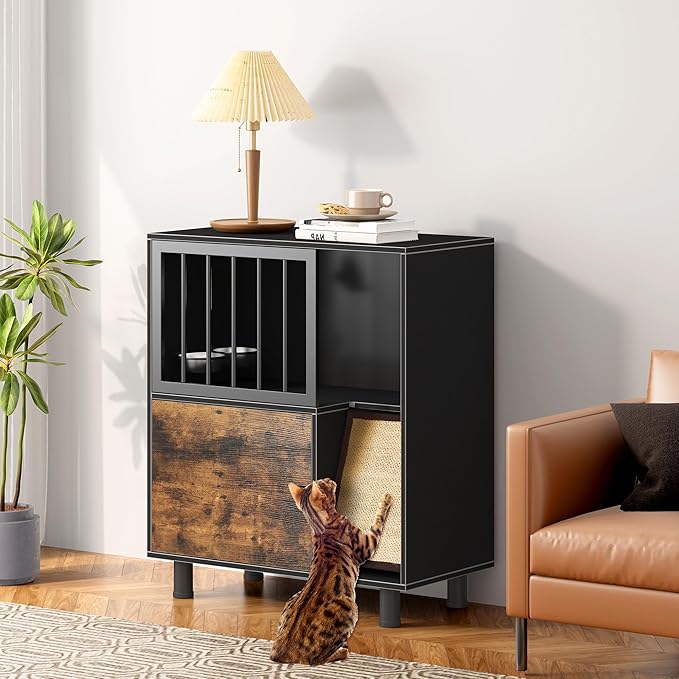 Cat Feeding Station with Scratching Board, Pet Feeder Station for Feeding & Watering Supplies, Cat Food Toy Storage Cabinet Storage Container, End Table Side Table, Black+Vintage