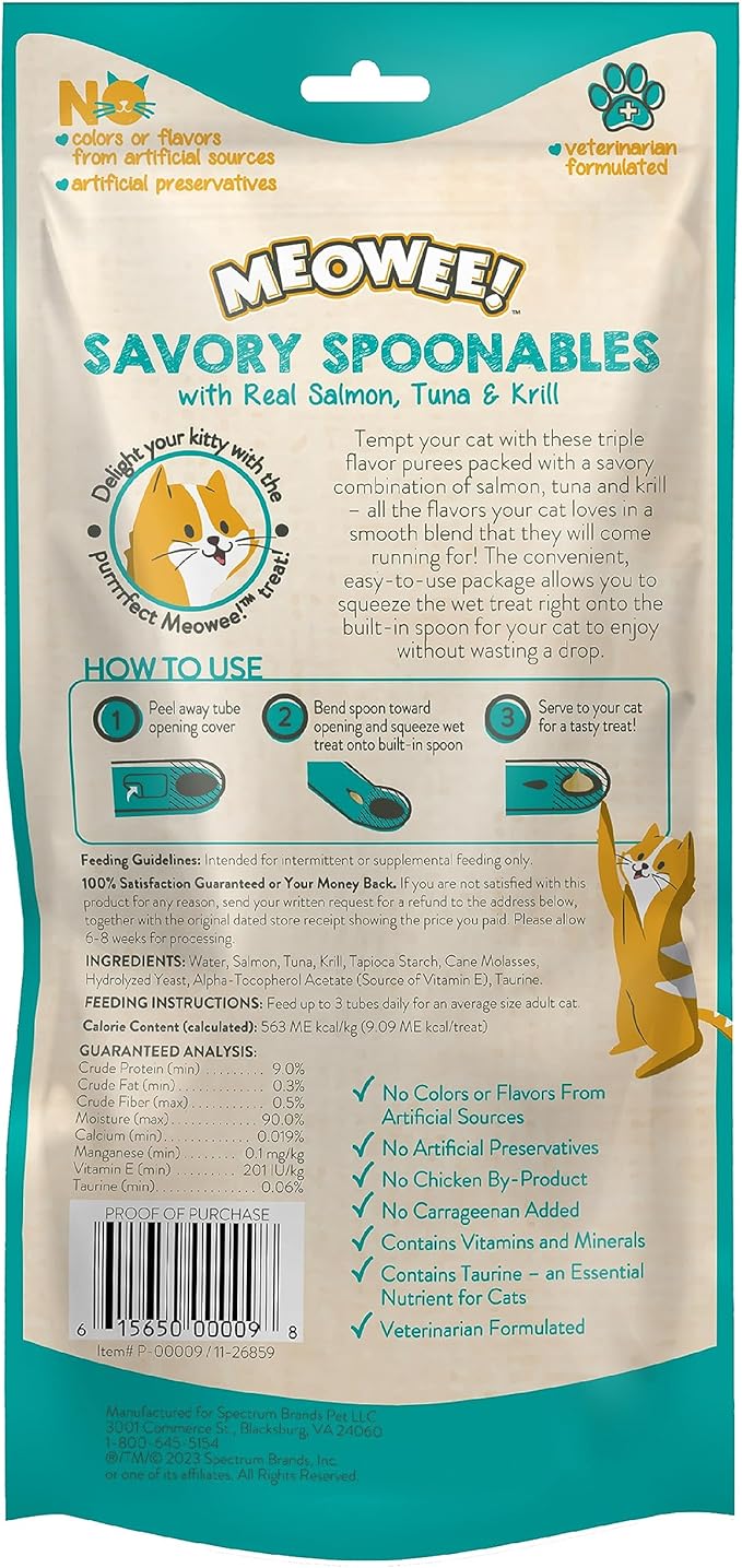 MEOWEE! Savory Spoonables with Real Salmon, Tuna and Krill for Cats, 4 Count, Treat Your Cat to Triple Flavor Squeezable Lickable Wet Treats with Built-in Spoon for Less Mess