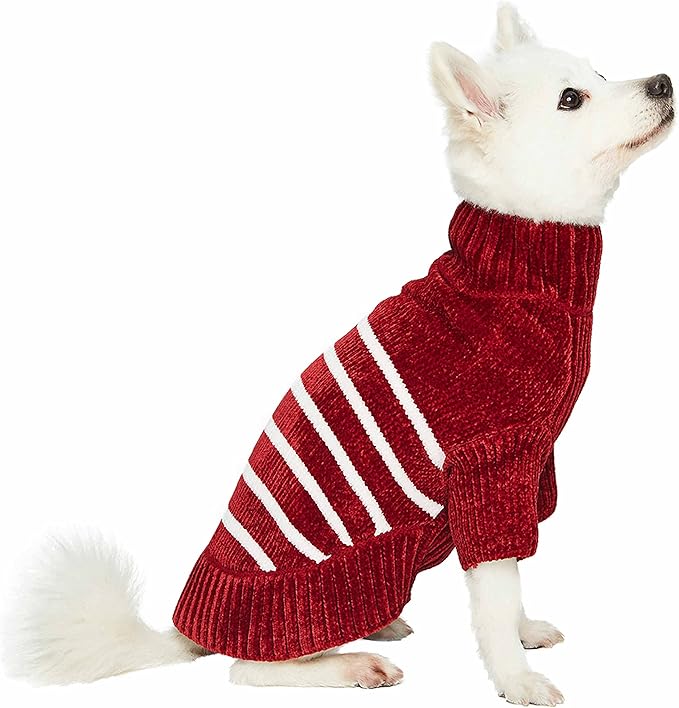 Blueberry Pet Cozy Soft Chenille Classy Striped Dog Sweater in Burgundy Red, Back Length 16", Pack of 1 Clothes for Dogs
