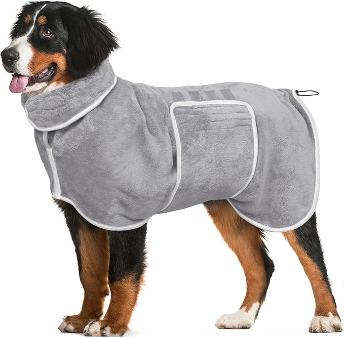 Dog Bathrobe Towel Drying Coat - Super Absorbent Dog Towels Bath Robe for Drying Dogs Large, Soft Adjustable Collar & Belly Strap Fast Drying Coat Pet Dog Cat Bath Robe Towel (Grey, XX-Large)