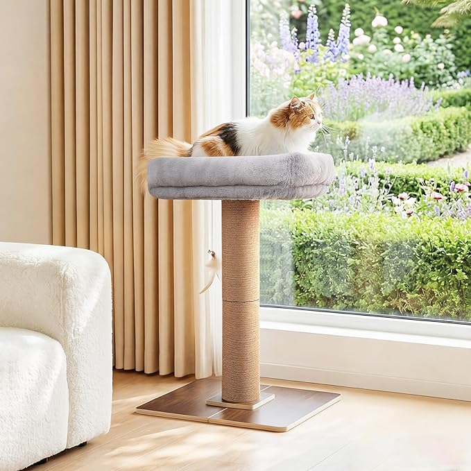 Cat Scratching Post, Retro-Style Tall Cat Scratcher Tower with Removable Gray Fluffy Cusion Perch, Natural Pine & Sisal Cat Scratcher for Indoor Cats, Large