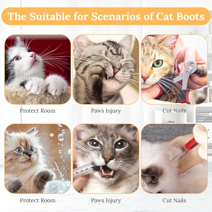 4 Pcs Cat Boots Anti Scratch Mittens Gloves Adjustable Cat Claw Protectors Foot Covers Mesh Breathable Cats Shoes to Prevent Scratching for Pet Bathing Feeding Cutting Nail Trimming