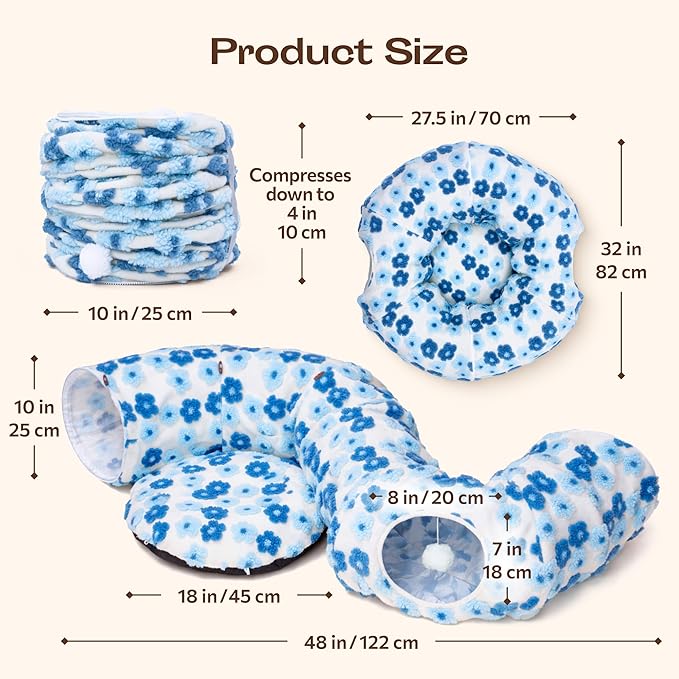 Meowfia Indoor Cat Tunnel with Donut Bed - Large Flexible Play Space for Multiple Pets - Circle or Snake Shape, Cozy Lounge (Blue Blossom)