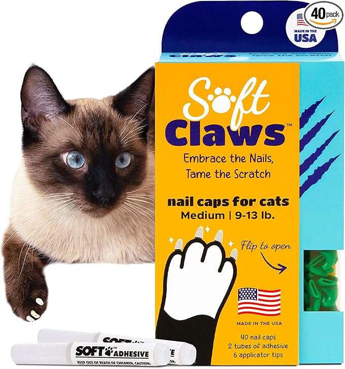 Soft Claws Cat Nail Caps for Medium Cats – (40 Caps, Green) - Made in USA - Veterinarian-Developed | Protects Furniture & Skin - Easy to Apply, Long-Lasting Anti-Scratch Soft Cat Claw Covers