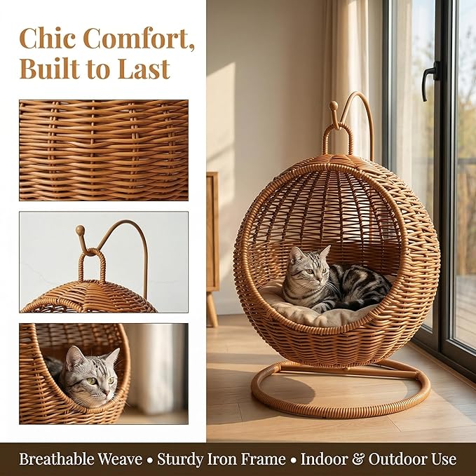 Imitation Rattan Cats Basket Hanging Hammock Bed for Small Space Comfortable Small Cats Nest for Indoor and Outdoor