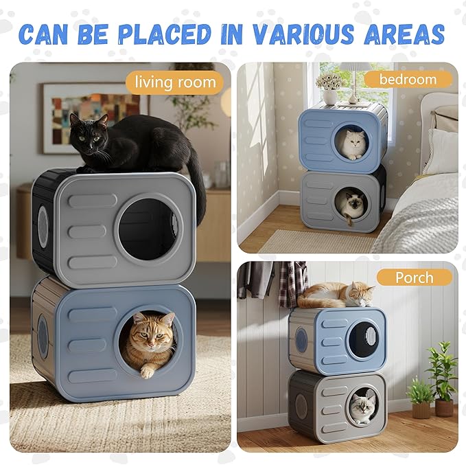 Double Outdoor Cat House Stack Design, Cat Houses for Outdoor Cats Camera Appearance Ventilated Spacious Stackable with Large Door for Several Feral Cats Outside Cat Shelter for Large Pet (Blue)