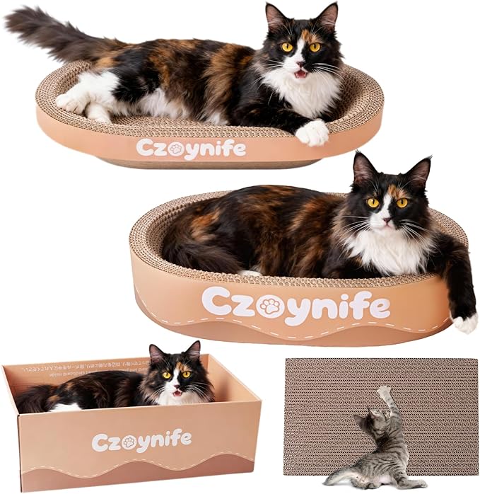 3PCS Cat Scratcher Bed, Oval Cat Scratcher Pad Bowl Nest for Indoor Cats, Round Cat Scratching Cardboard, Furniture Protector for Couch, for Kittens (Brown, 17 * 11.5 in)