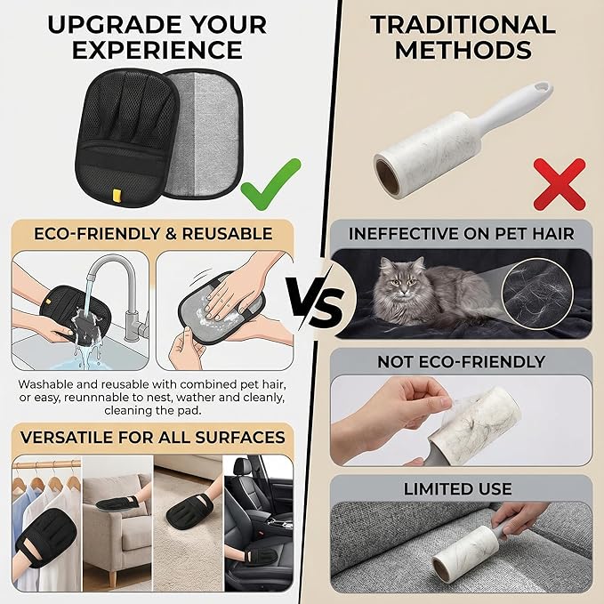 Electrostatic Pet Hair Removal Gloves for Cats & Dogs–Upgraded Reusable Magic Brush Tool for Quick Wiping on Couch,Carpet,Laundry,Car Seat & Pet Beds(2PC,Black)