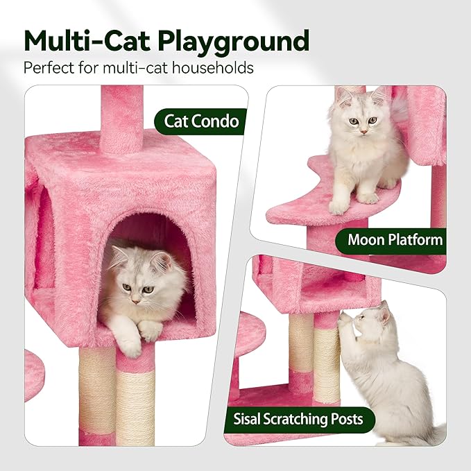 Meecal 43-Inch Cat Tree,Cute Cloud Cat Tree for Kittens & Small Cats Under 6 Months 9lbs, Cat Tower with Scratching Post, Double Condos, Plush Hammock & Dangling Toys, Pink