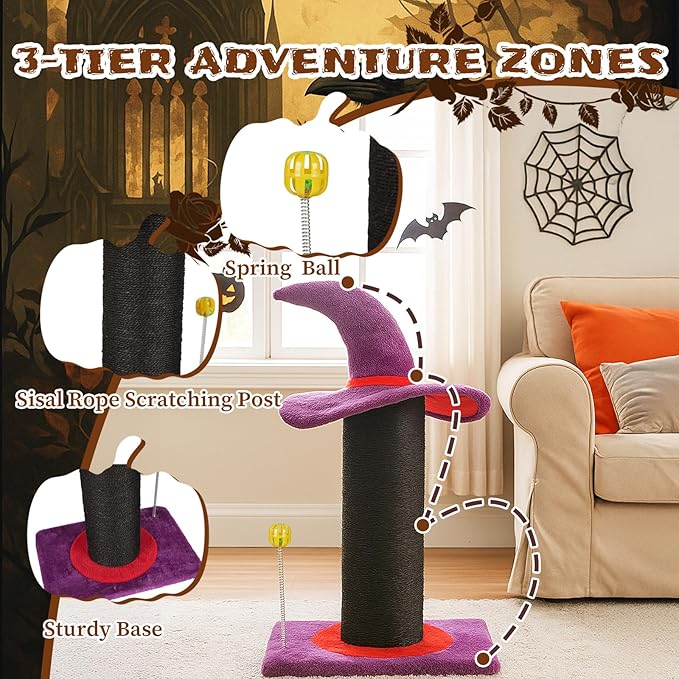 Wizard Hat Cat Scratching Post with Spring Ball Toy for Indoor Cats, Halloween Spooky Cat Scratcher, Purple(40 * 30 * 60cm)