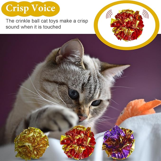 Jexine 104 Pcs Cat Crinkle Ball Bulk Cat Toys 1.69'' Polyester Film Kitten Balls Interactive Lightweight Colorful Kitten Crinkle Balls Soft Crinkle Pet Toys for Keeping Fit and Exercise Indoor