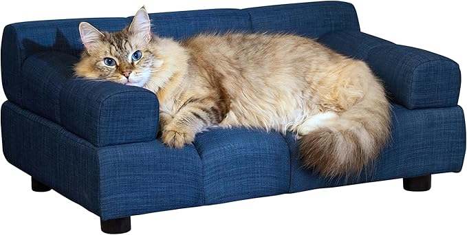 Paws & Purrs Puffer Pet Sofa Bed, Dog or Cat Couch with Tufted Cushion and Armrest, Stylish Indoor Pet Furniture, Dark Blue