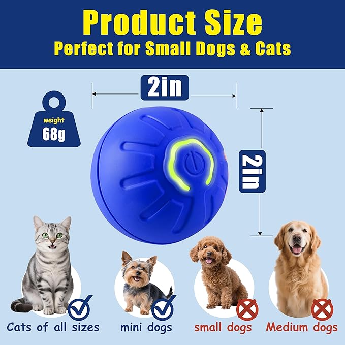 BIONEMAGILI Interactive Self-Moving Pet Toy Ball - Motion-Activated Auto Rolling, Military-Grade Chew Resistant, USB-C Rechargeable for Small Dogs & Cats (Blue,/S/New1)