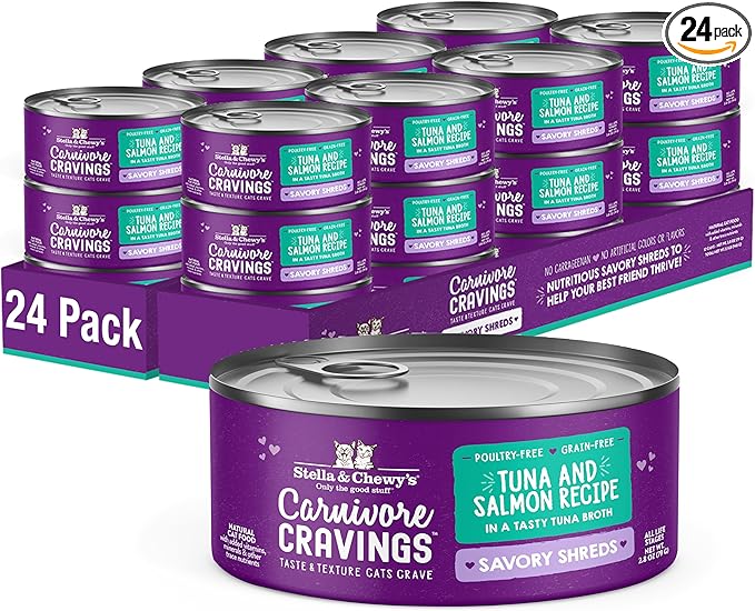 Stella & Chewy's Carnivore Cravings Savory Shreds Cans – Grain Free, Protein Rich Wet Cat Food – Wild-Caught Tuna & Salmon Recipe – (2.8 Ounce Cans, Case of 24)