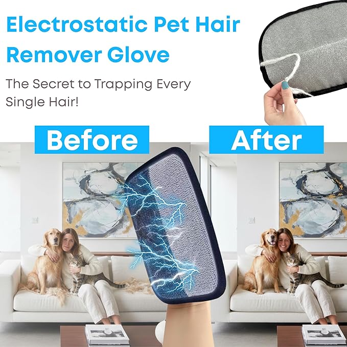 Pet Hair Removal Glove for Cats and Dogs. Electrostatic Pet Hair Glove, Reusable Brush Pet Hair Remover Tool for Laundry, Couch, Carpet, Car Seat. (Medium)
