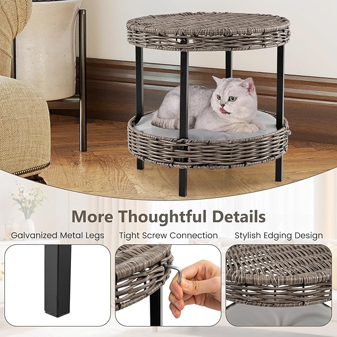 PETSITE Modern Wicker Cat Nest, 2-Tier Rattan Cat House w/Removable Padded Cushion, Round Platforms, Metal Frame, Indoor & Outdoor Raised Pet Shelter for Living Room, Bedroom, Porch