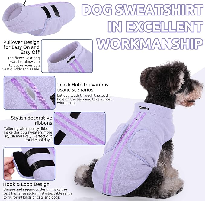 Queenmore XXS Dog Sweater, Soft Fleece Vest Pullover Dog Jacket with Leash Hole, Warm Winter Dogs Clothes Cold Weather Doggy Dachshund Sweaters for Small Dogs Cats Boy or Girl (Lilac, XXS)