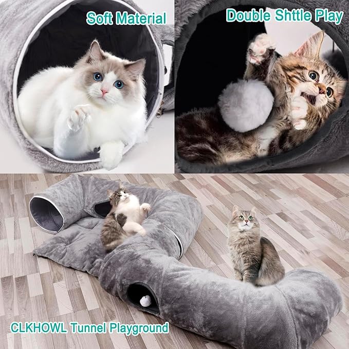 CLKHOWL Cat Tunnel Bed for Indoor Cats, Washable & Detachable Cat Bed, Cute Peekaboo Cat Cave for Small Medium Large Cat (Dark Gray)