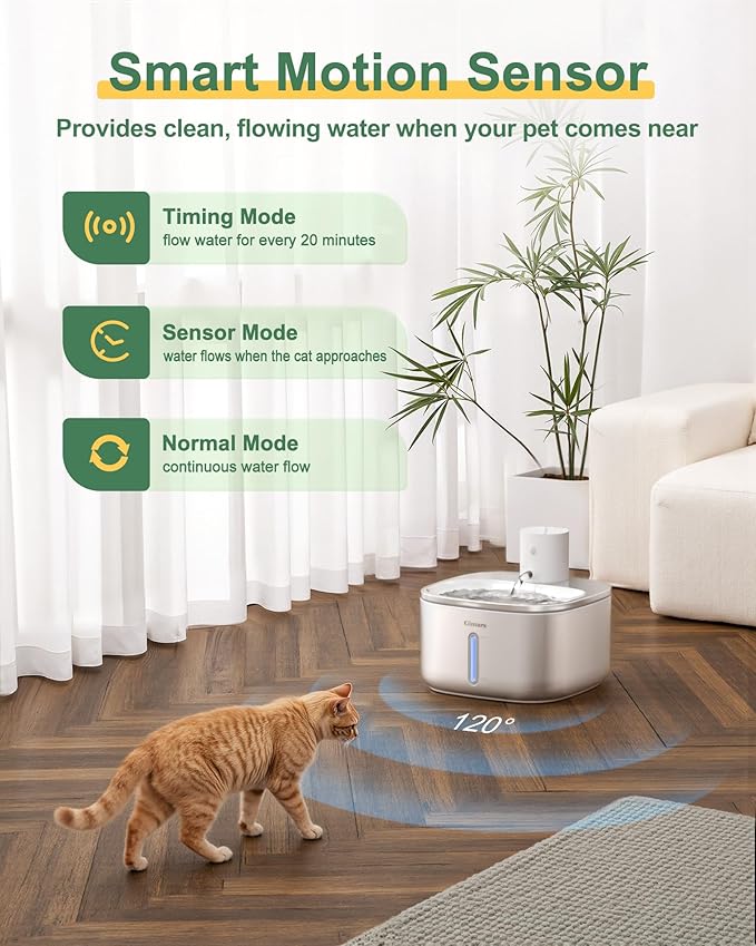 Gimars Wireless Cat Water Fountain Stainless Steel,108oz/3.2L Pet Water Fountain with Motion Sensor for Cats and Dogs, 5000mAh Battery Operated,Ultra Quiet Cat Drinking Fountain with 2 Filters