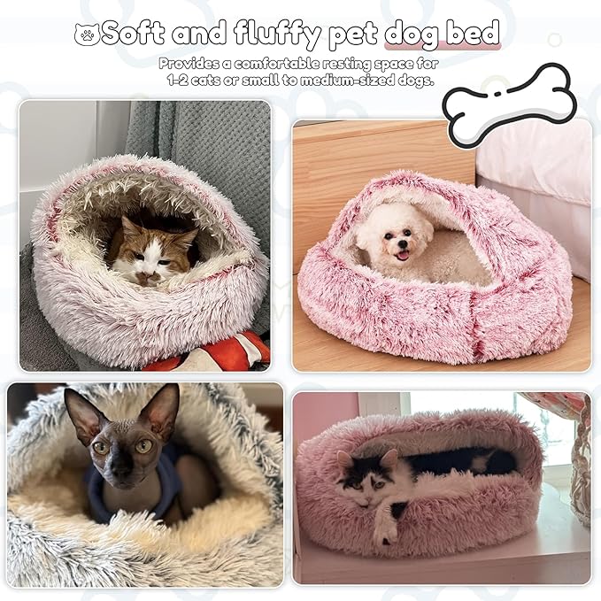 SUOXU Anti-Anxiety Cat Bed, Plush Hooded Cave, 20 in Diameter, Suitable for Small to Medium Pets, Pink