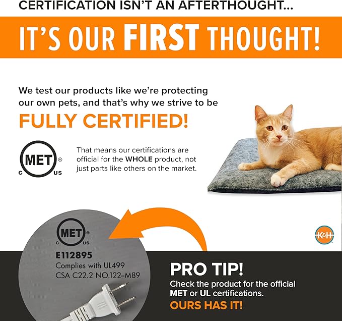 K&H Heated Cat Bed Indoor, Amazin' Thermo-Kitty Pad, Washable Cat Mat with Removable Pet Heating Pad, Traps Hair & Dander, Safety Listed, Gray - 20x15in - 4 Watt