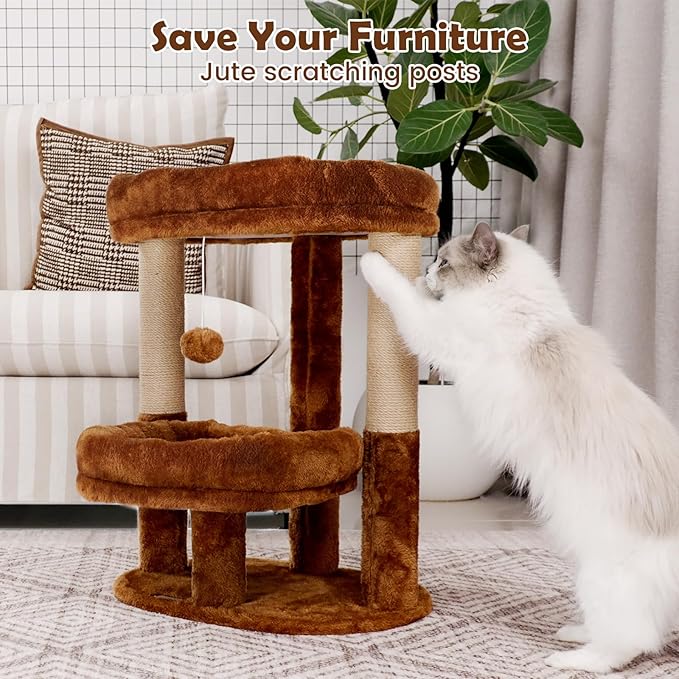 Cat Tree for Indoor Cats, Compact 2-Tier Cat Tower with Padded Donut Beds, Cozy Plush Cat Perch for Small to Medium Cats, Sisal Scratching Posts & Hanging Toy (Mocha Brown)