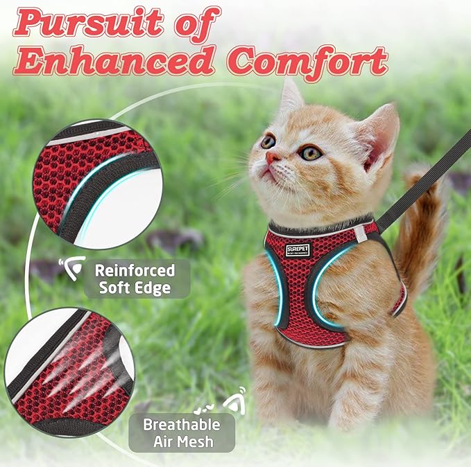 Cat Harness and Leash for Walking Escape Proof, Adjustable Kitten Vest Harness Reflective Soft Mesh Puppy Harness for Outdoor, Comfort Fit, Easy to Control (Red, XS)