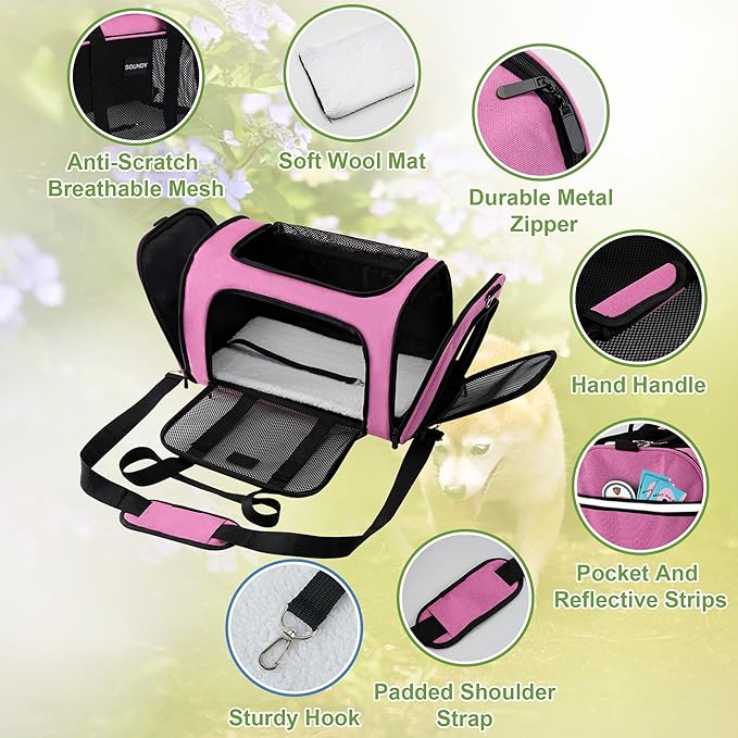 Soundy Large Cat Carrier Dog Carrier Under 25 Lbs,Collapsible Ventilated Portable Pet Bag with Soft Sided Breathable Mesh for Long Car Trips Maxi Load 2 Kittens or Small, Medium Dog (Large Pink)