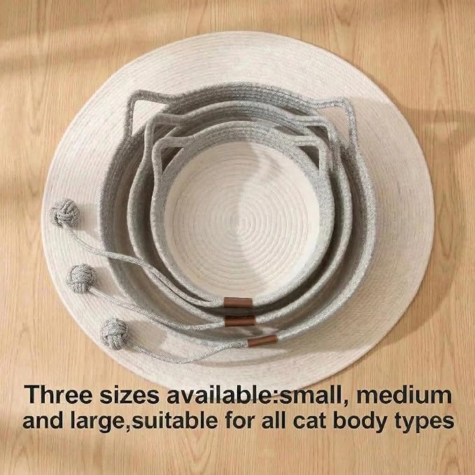 Stimulicat Hand Woven Cotton Rope Cat Bed Basket with Scratching Pad and Ball, Round Boho Pet Nest for Indoor Cats and Small Dogs, Natural Breathable, All-Season (Orange, Medium)