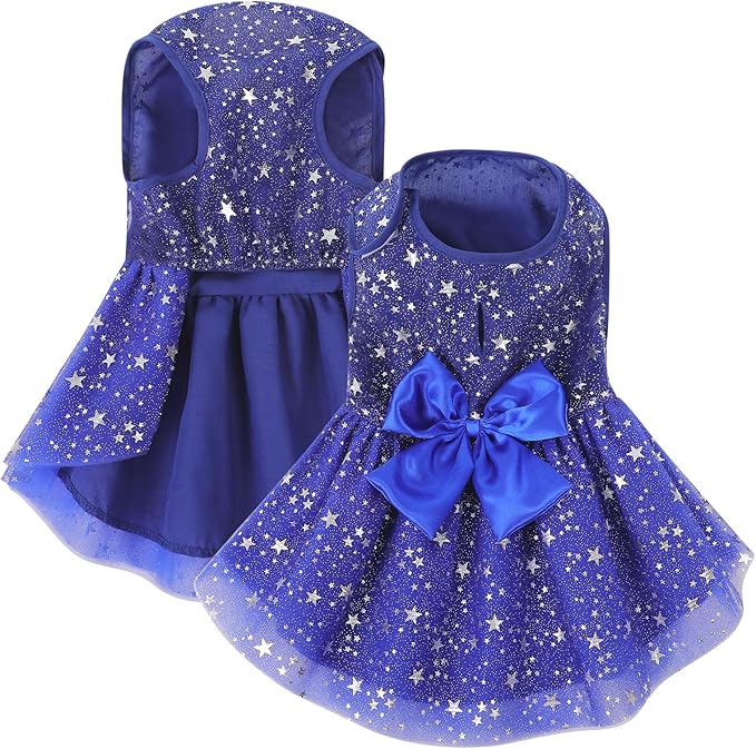 ASENKU Dog Dress Pet Wedding Dress Princess Lace Puppy Birthday Party Outfit Formal Apparel Girl for Small Medium Dogs Cats (Small, Navy Star)
