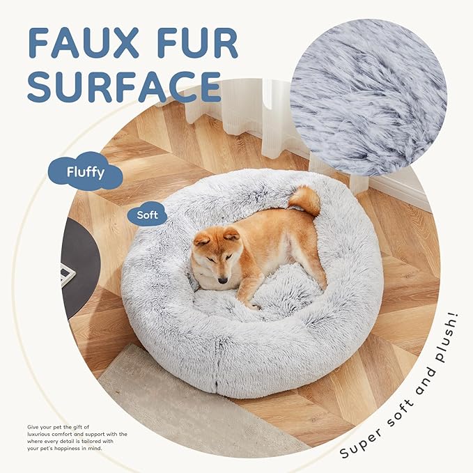 DUMOS 37.4x37.4 Inch Calming Donut Dog Beds for Large Dogs, Machine Washable Cuddler Warming Cozy Fluffy Faux Fur Plush Round Pet Bed, Anti-Slip Bed for Indoor Dogs and Cats, Grey