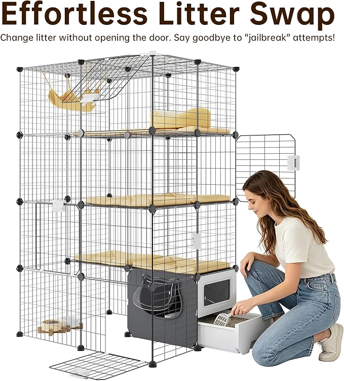 Oneluck Cat Cage with Litter Box, 4-Tier DIY Enclosures Detachable Metal Wire Kennel Catio Indoor Crate Large Exercise Place Ideal for 1-2 Cats