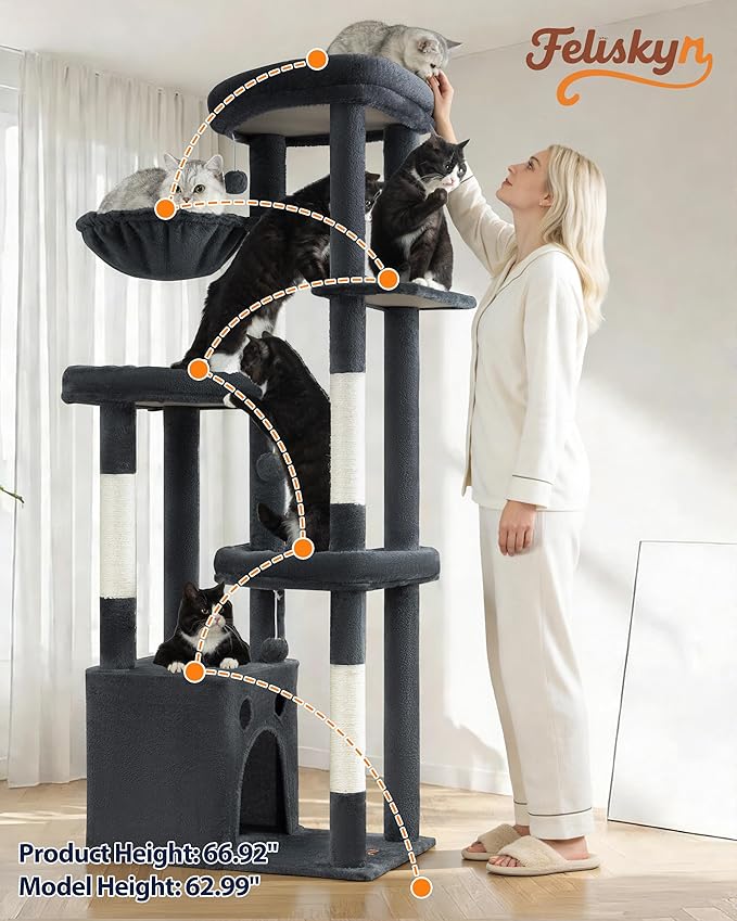 Multi-Level Cat Tree Tower for Indoor Cats, 67 inch Tall XL Heavy Duty Climbing Tower with 3 Large Platform, Scratching Post, Hammock, Kitty Condo for Multiple Cats, Extra Large Cat Trees, Dark Grey
