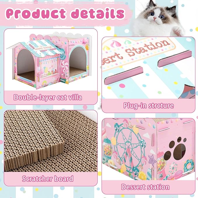 Lineshading 2 Story Cardboard Cat House with Scratcher Pad, Multi Level Durable Cat Scratcher House for Small Kitten Bunny Rabbit Animals Christmas Birthday Gift(17x12x10,Confectionery)