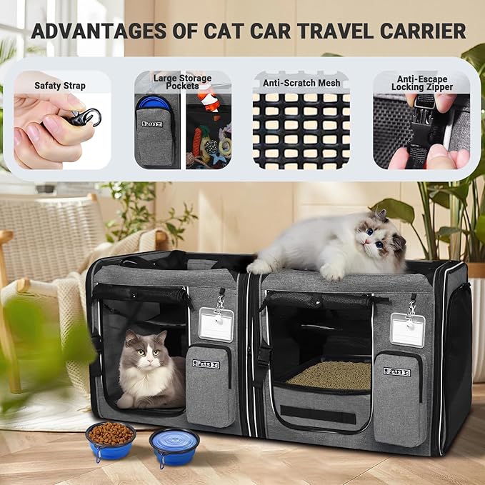 Petskd 2 in 1 Double Cat Car Travel Carrier with Litter Box, 38"x17"x18" Portable Dual Extra Large Cat Carrier for Multiple Cats with Zipper Locks for Moving Across The Country(Grey)