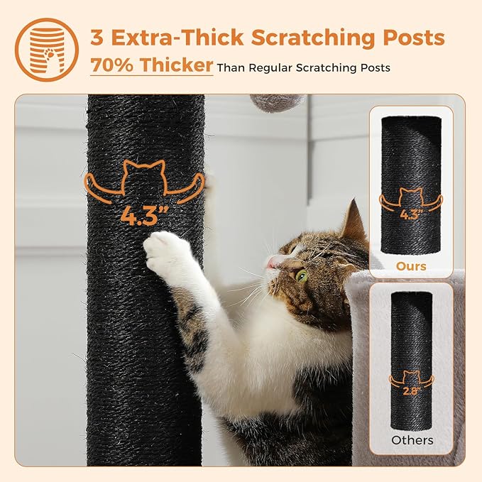 MUTTROS Heavy Duty Cat Tree for Indoor Cats Adult, 45-Inch Cat Tower with Sisal Scratching Ramp, 2 Cat Condo for Extra Large Cats, Big Top Perch, 3 Thick Black Scratching Posts (φ4.3) -Gray