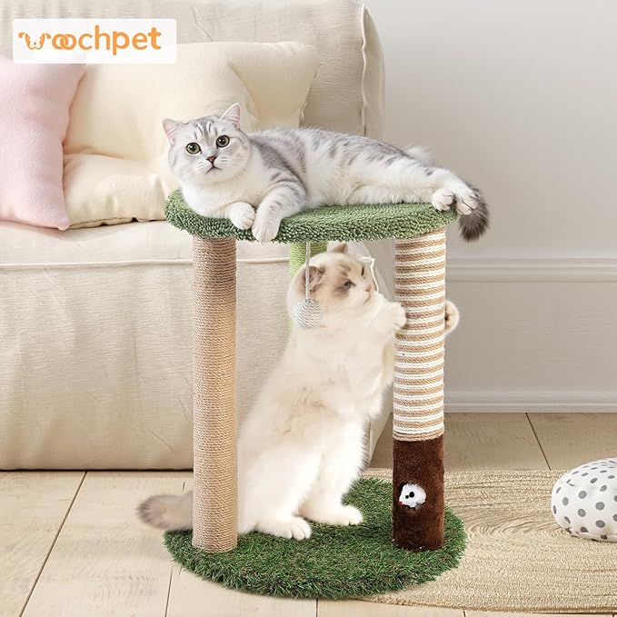 WOOCHPET Cat Tree Tower with 3 Scratcher Posts 17inch Tall Cat Tree Sisal Scratching Posts with Fun Cat Toys for Kitty and Adult Cats Small Cat Tower and Perch Bed for Indoor Cats (Green)