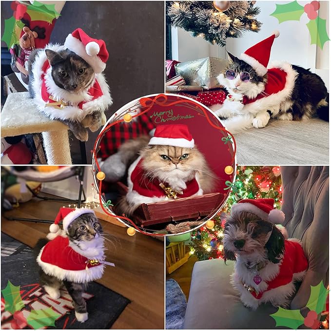 LESYPET Cat Christmas Costume, Santa Hat with Cloak for Small Dogs Rabbits Christmas Costume New Year, Red S