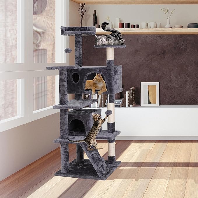54-Inch Cat Tree Multi-Level Condo Tower Bed Furniture Kitten Play House with Scratching Posts, Dark Grey