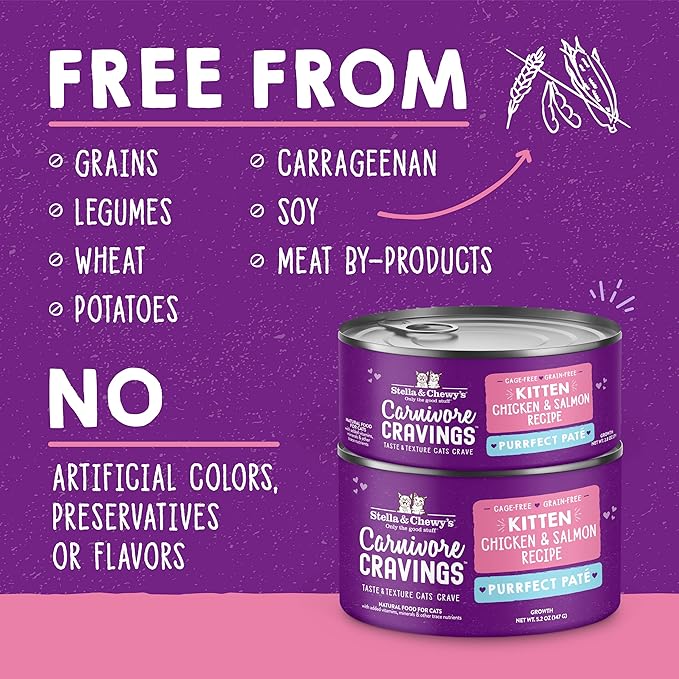 Stella & Chewy's Carnivore Cravings Purrfect Pate Cans – Grain Free, Protein Rich Wet Cat Food – Cage-Free Chicken & Salmon Kitten Recipe – (2.8 Ounce Cans, Case of 24)
